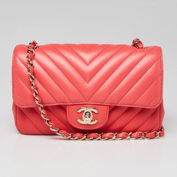 Chanel Pink Chevron Quilted Lambskin Leather Classic Mini Rectangular - Picture 1 of 9